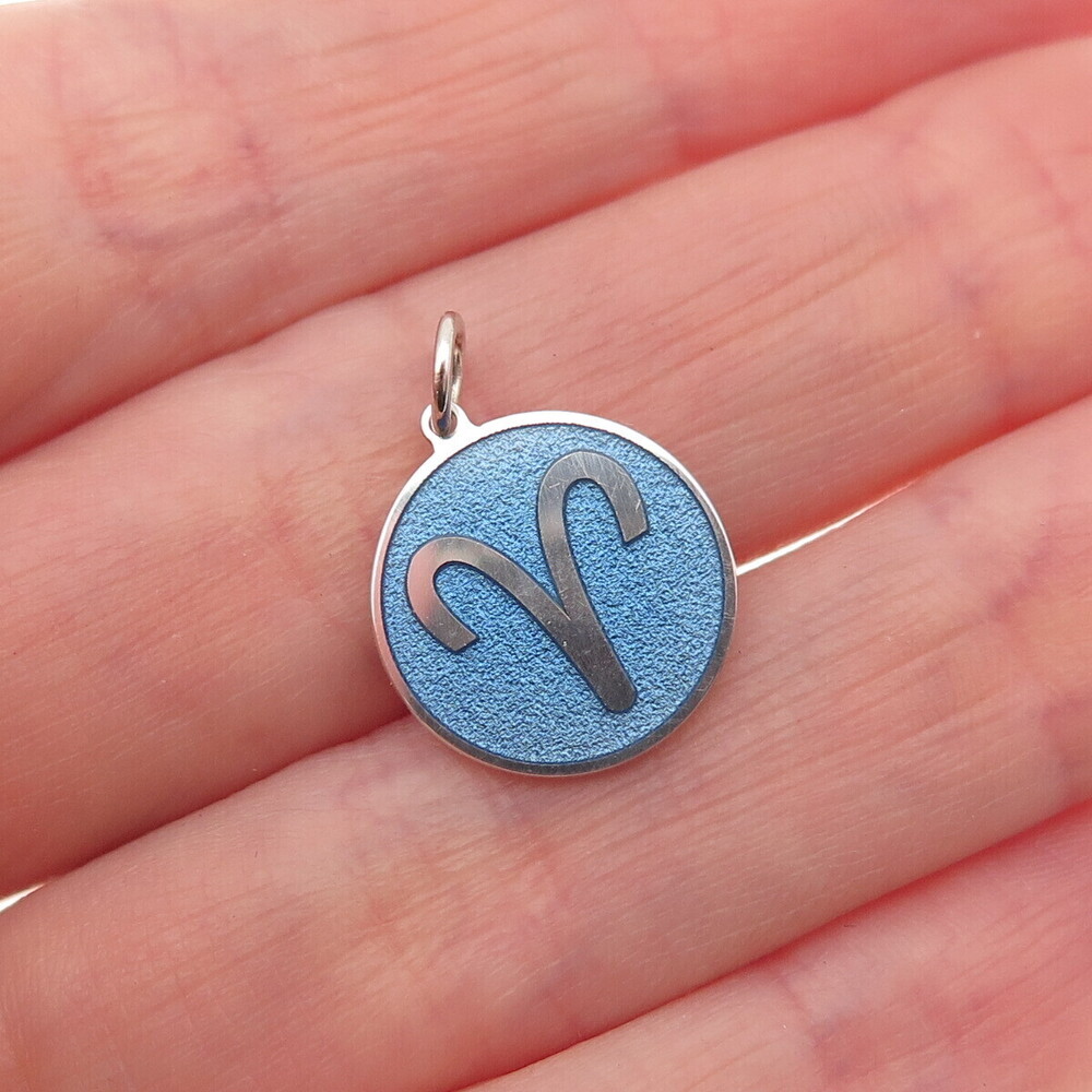 925 Sterling Silver Blue Enamel Aries Zodiac Sign Round Tag Mini Charm Pendant